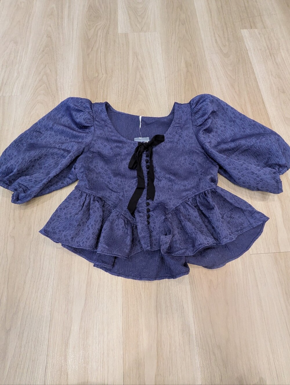Free People Blue Flared Blouse With Button Front And Bow Size S nwt